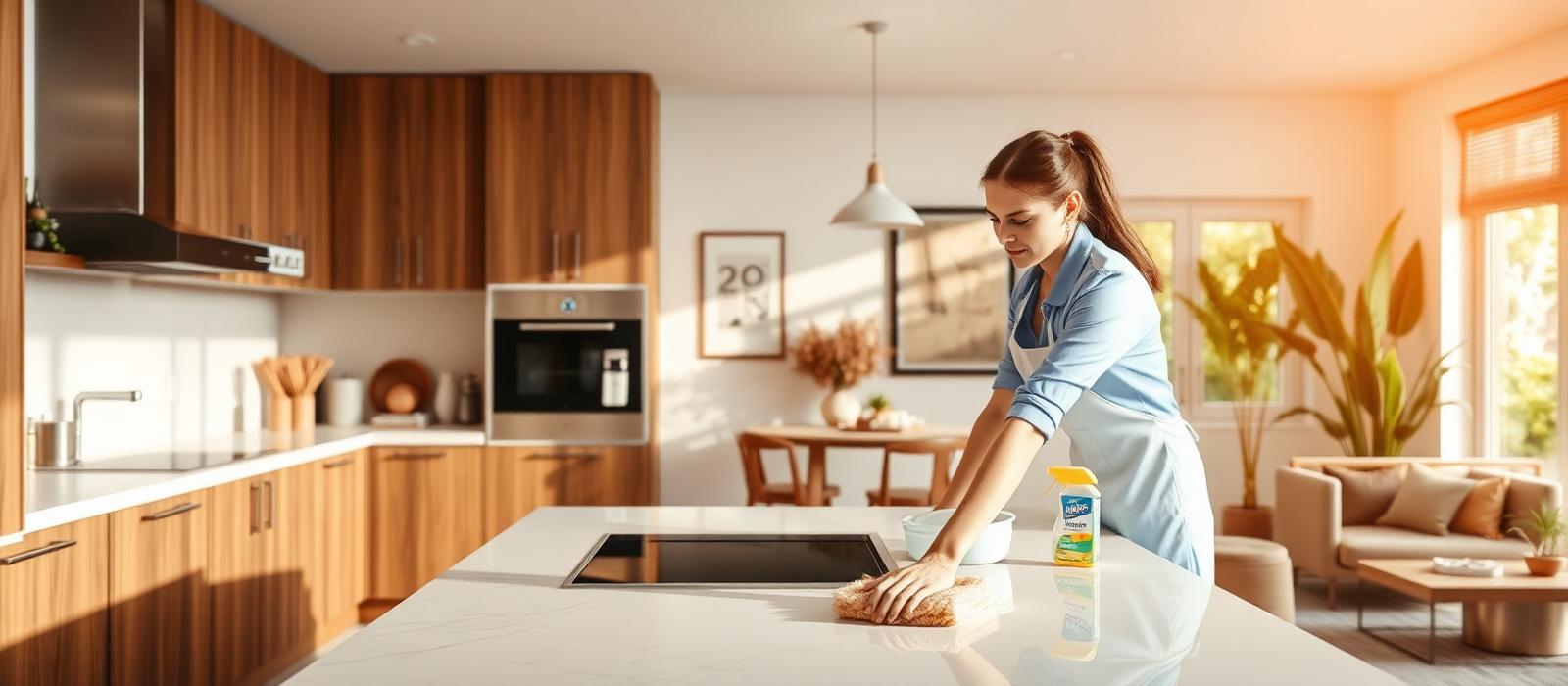 Professional cleaner working in a bright kitchen