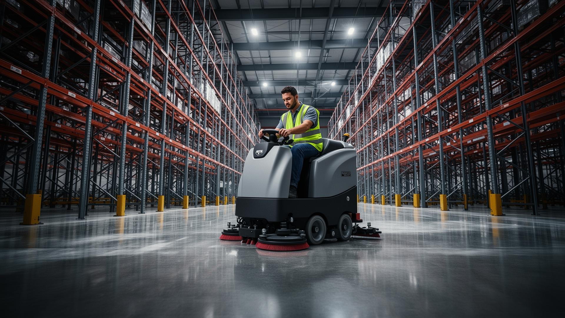 Worker operating a ride-on floor scrubber in a large Bay Point, California warehouse