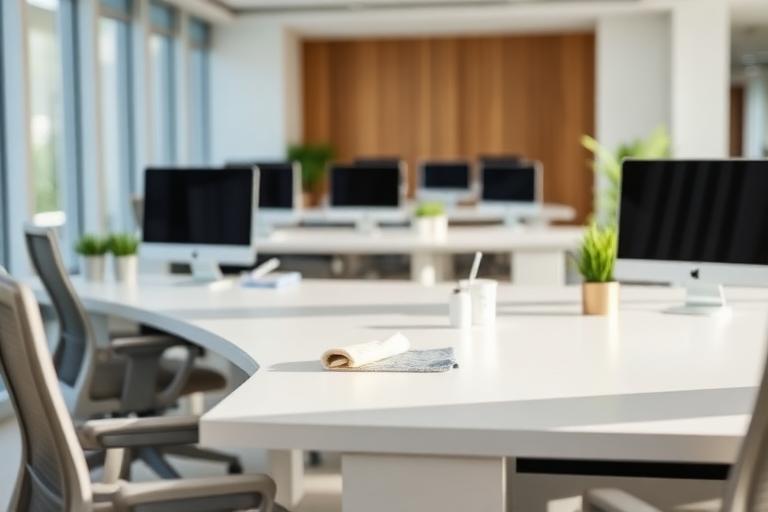 Cleaner wiping office desks in a Bay Point, California workspace