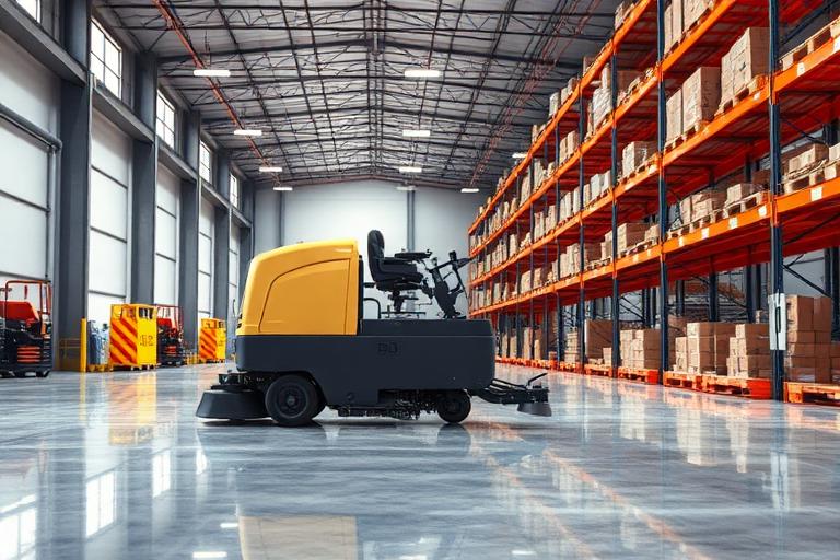 Industrial floor scrubber cleaning a Bay Point, California warehouse
